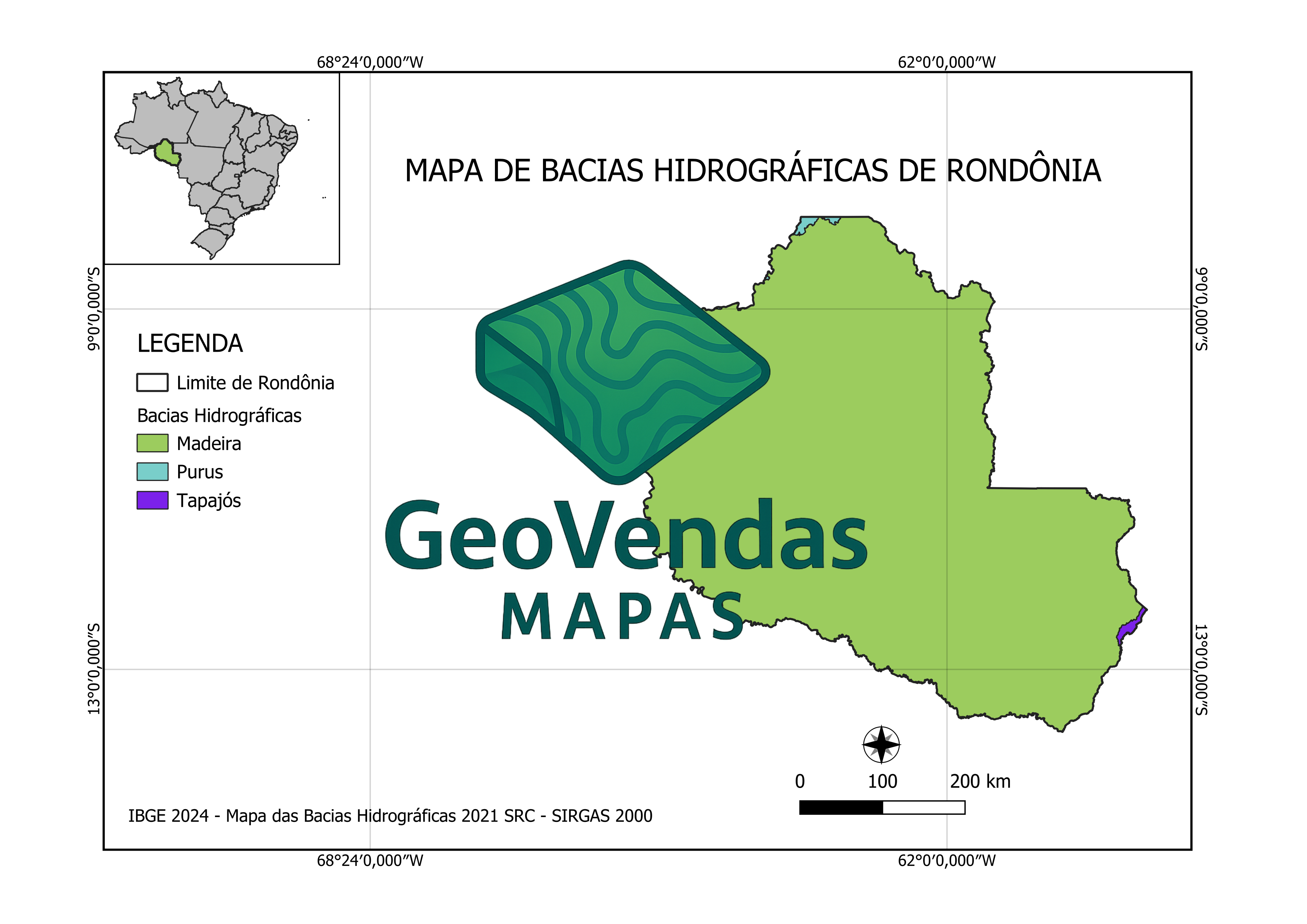 Mapa de Bacias hidrográficas de Rondônia